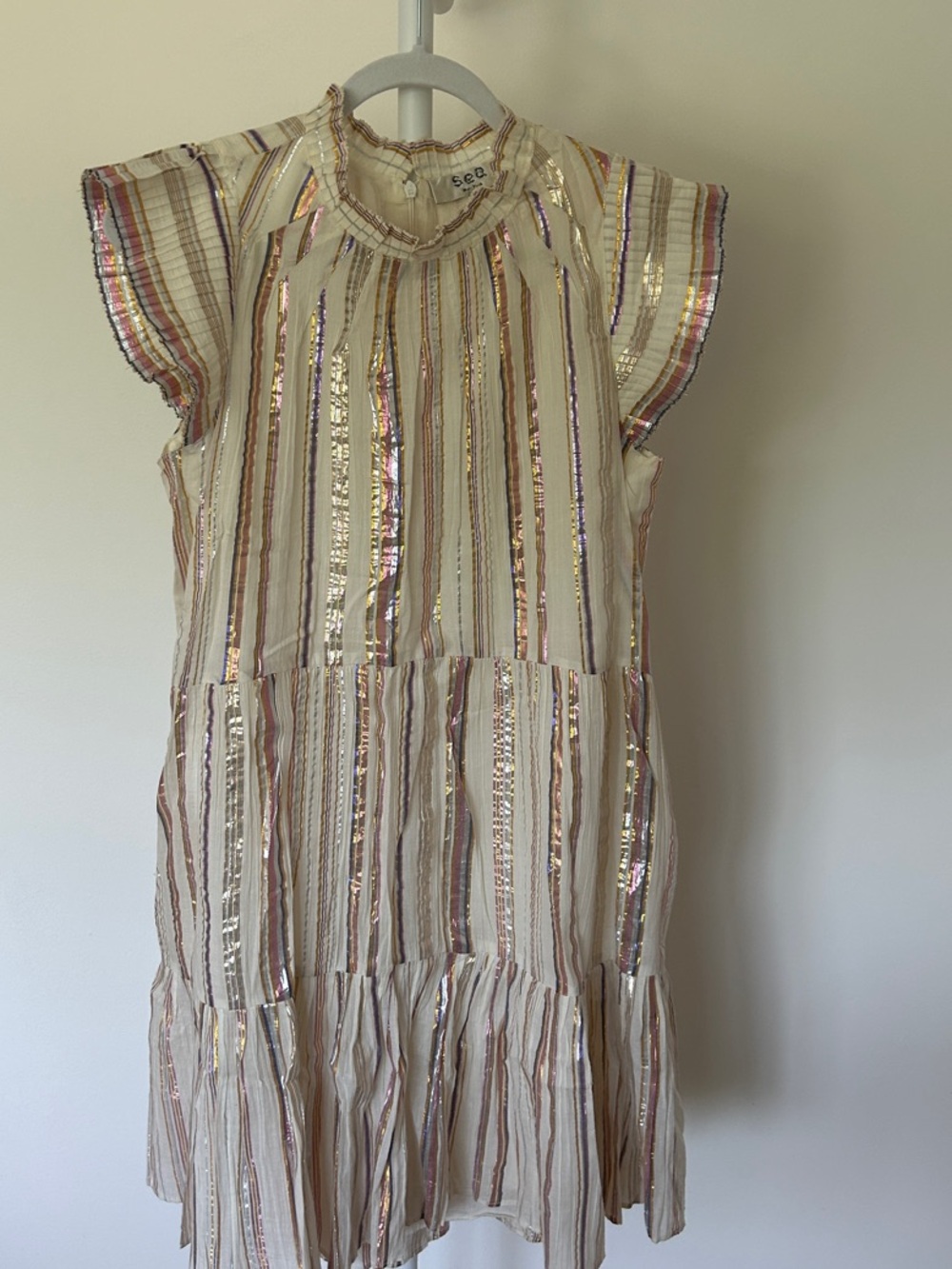 Kids Cream Metallic Stripe Tiered Dress